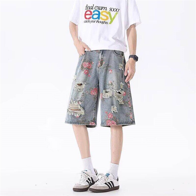 花卉破洞牛仔短裤男夏季小众设计感裤子美式高街五分裤L55222-P45图片