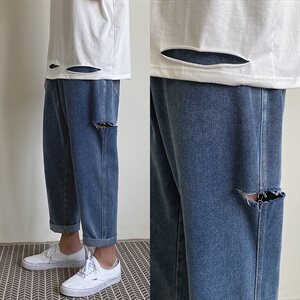 浅色牛仔裤子男士韩版潮流宽松阔腿直筒裤夏季破洞九分裤图片