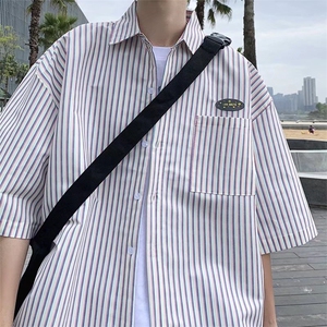潮潮流男慵懒日系条纹新款复古冰丝条纹短袖衬衫C85P30