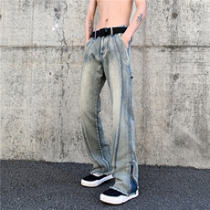 美式裤子男高街vibe复古工装牛仔裤直筒毛边裤A061-W9990-P60控78，男装牛仔裤，电商A061