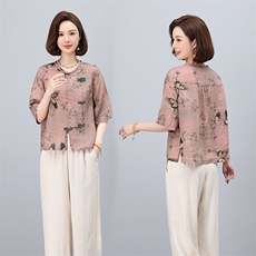 中式复古盘扣苎麻印花衬衫女2025夏季新款高端麻料花色上衣小衫，女装衬衫，凝聚力