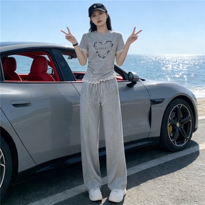 韩版时尚气质套装女夏新款圆领钉珠蕾丝花边上衣高腰阔腿裤两件套图片