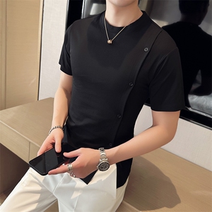 2024夏季新款 修身圆领纽扣装饰纯色短袖T恤男 555-45控59图片