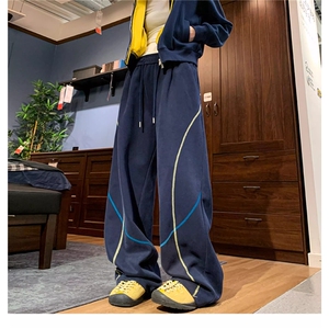 潮牌慵懒风藏青色哈苏线弯刀卫裤女男秋季阔腿休闲裤设计感运动裤图片