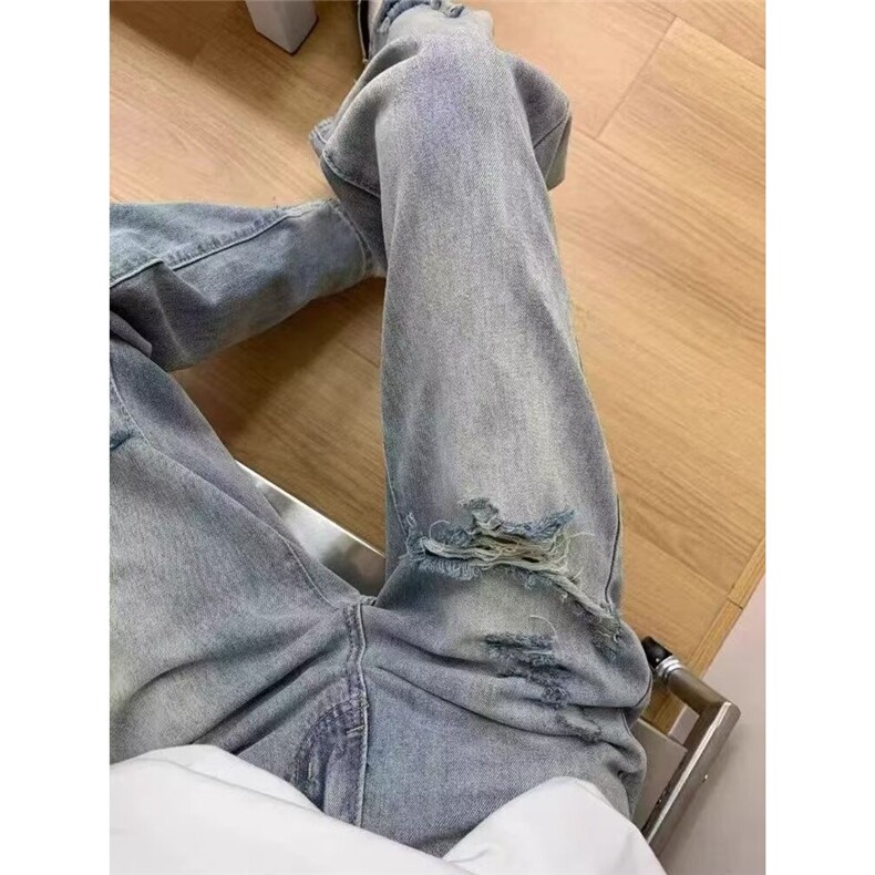 705-P41设计感别致破洞浅蓝休闲牛仔裤女2025夏季薄款,男装牛仔裤,电商B323A