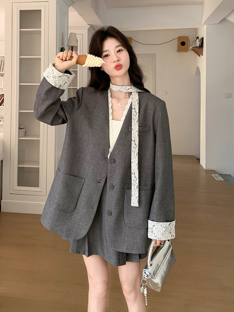 小香风灰色蕾丝拼接西装套装裙女春秋2025新款两件套独特绝气,女装套装/套裙,浙宝192（原082）