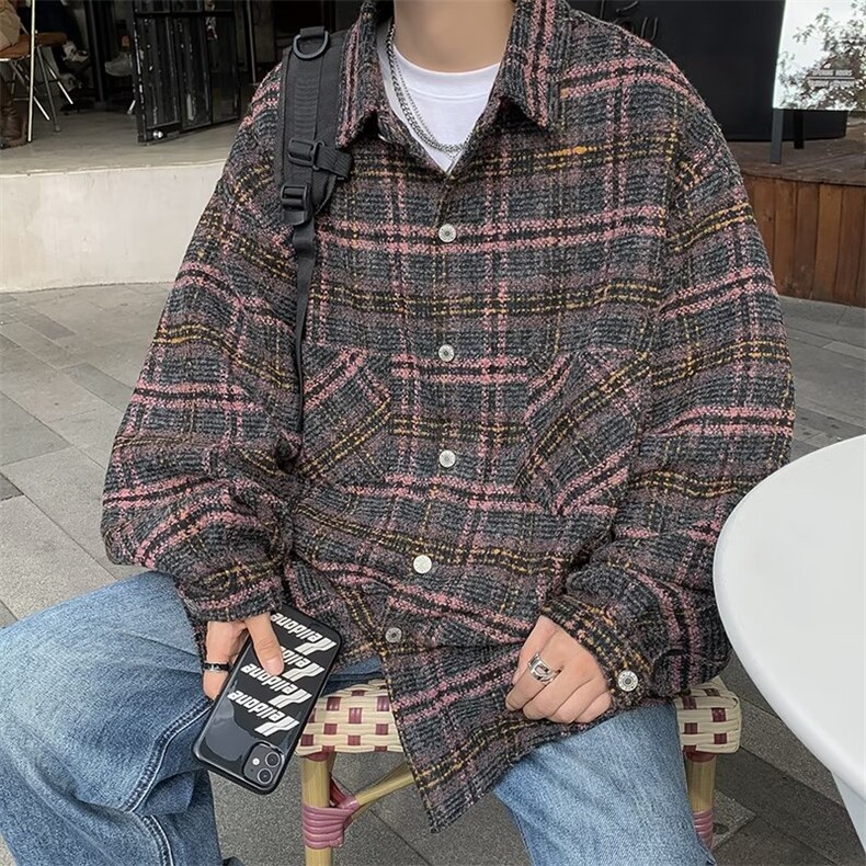 春日系复古毛呢潮牌格子衬衫男长袖情侣百搭休闲外套QJ22P65,男装夹克,星座1116-2