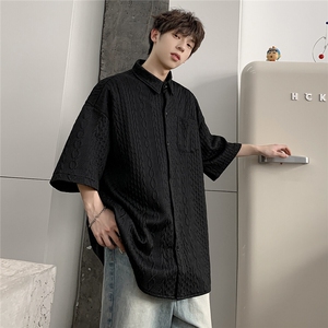 2026夏男翻领短袖五分袖衬衫潮牌男青少年衬衣 CS110/特P25 黑色3图片