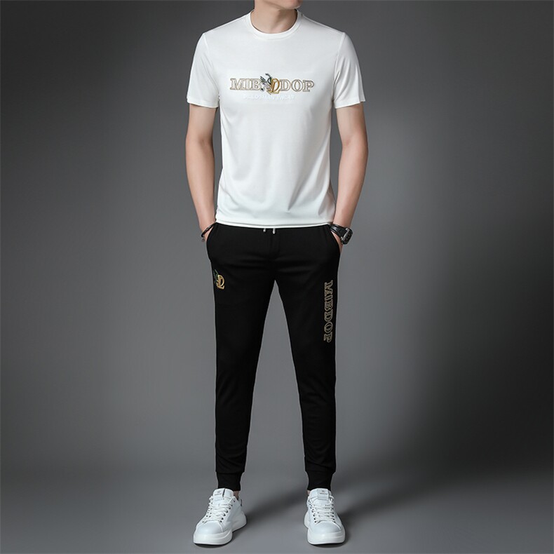 夏季男式短袖长裤透气两件套运动休闲圆领修身t恤套装，男装休闲套装，电商B360