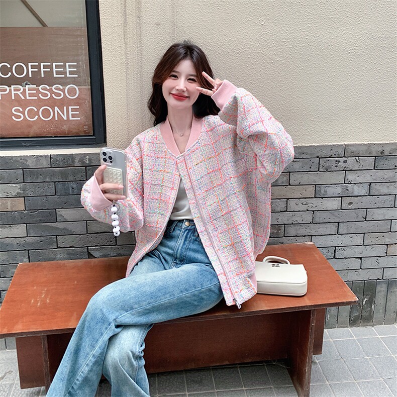 名媛小香风棒球服外套女春秋超火好看独特漂亮高级粉色短夹克上衣,女装毛呢外套,2C056