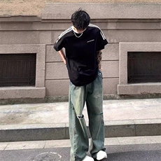 夏季美式高街重磅纯棉三条杠织带撞色男女短袖T恤ZD627-特P30，男装T恤，电商A486-1
