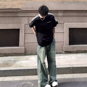 夏季美式高街重磅纯棉三条杠织带撞色男女短袖T恤ZD627-特P30图片