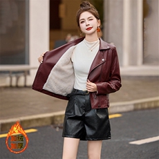 海宁皮衣女2024秋冬修身仿绵羊皮女士短款皮夹克小个子气质皮外套，女装皮衣，潮流依族