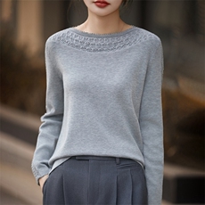 2026年秋季时尚百搭通勤简约休闲一字领钩花镂空套衫，女装羊毛衫，暖烁羊绒