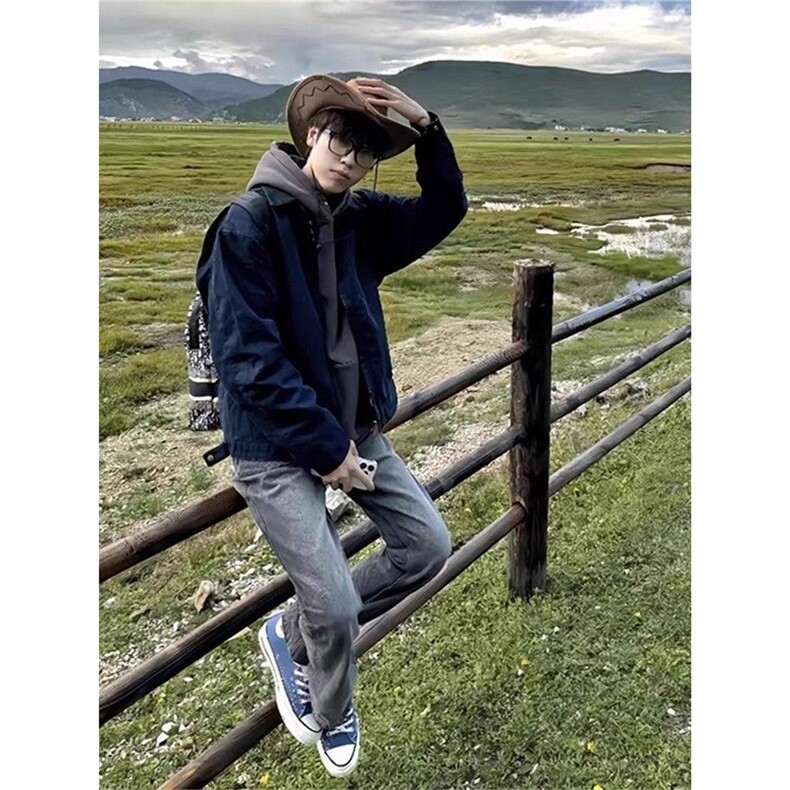藏青色底特律夹克男秋冬美式复古短款工装外套水洗做旧翻领机车服,男装夹克,星座1210-1