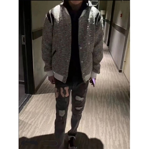 小香风针织开衫卫衣男款连帽重磅春秋条纹设计感美式复古夹克外套图片