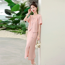 2023夏季新款套装裙女时尚盘扣两件套裙女，女装套装/套裙，橙子家