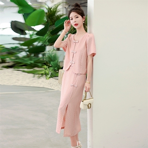 2023夏季新款套装裙女时尚盘扣两件套裙女图片
