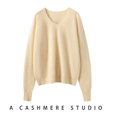 慵懒风V领拉绒100%纯山羊绒衫女针织打底毛衣简约冬新款时髦上衣，女装针织衫/毛衣，朵沐纯羊绒