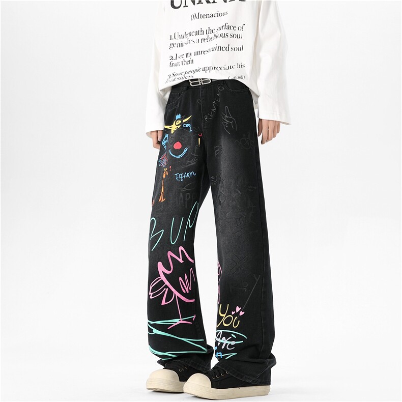 现货！涂鸦牛仔裤春季新款直筒休闲裤长裤男A061-EX50485-特批47，男装休闲裤，电商A061