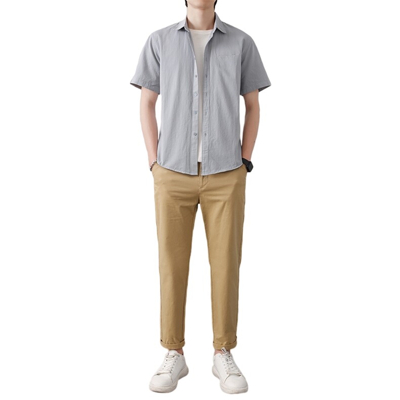 夏季九分西裤男长裤修身韩版港风休闲裤短袖衬衫纯棉套装两件套潮,男装衬衫,星座505-2（原电商A260-1)
