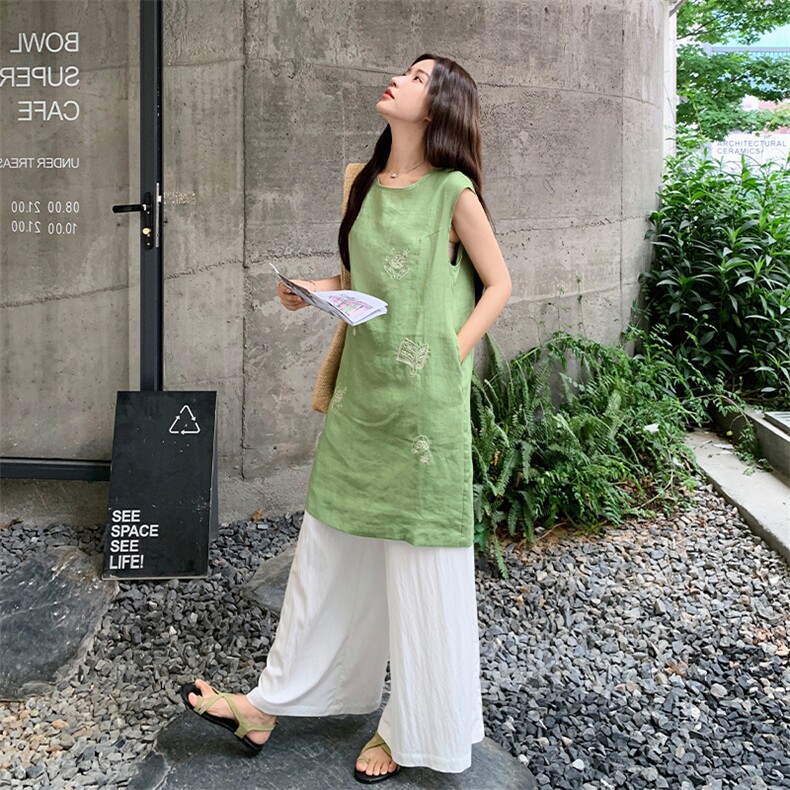 绿色无袖马甲连衣裙阔腿裤套装女夏文艺森系巨好看两件套爆款流行,女装套装/套裙,2D034