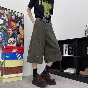 W52-P60铆钉工装裤男女夏季设计感阔腿裤休闲过膝中裤图片