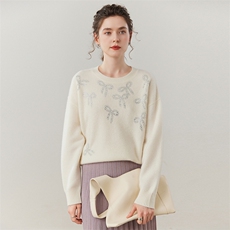 2025百搭时尚简约蝴蝶结烫钻圆领羊绒衫,女装羊绒衫,艾巧羊绒, 2025百搭时尚简约蝴蝶结烫钻圆领羊绒衫,女装羊绒衫,艾巧羊绒,