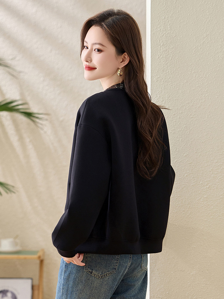 休闲珠片绣黑色外套女春季欧洲站大码上衣2025年新款时尚女装,女装短外套,美沁