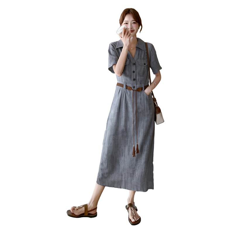 《档口现货26夏上新》气质三色天丝亚麻透气舒适连衣裙配腰带女,女装连衣裙,时尚风爆