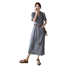 《档口现货26夏上新》气质三色天丝亚麻透气舒适连衣裙配腰带女，女装连衣裙，时尚风爆