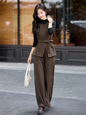 小香风套装2025新款秋装穿搭洋气打底衫系带马甲阔腿裤三件套套装，女装套装/套裙，流量+