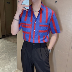 夏季男士条纹短袖衬衫时尚痞帅高级感发型师半袖衬衣潮02778-P35，男装衬衫，电商B267
