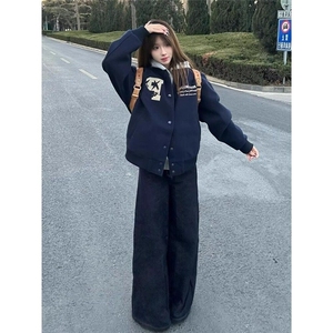 美式复古棒球服外套女早春字母刺绣重磅情侣夹克宽松休闲上衣开衫图片