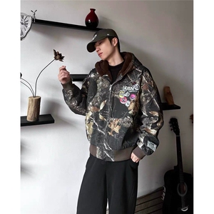 美式连帽牛仔棉服男女迷彩复古加绒加厚夹克外套潮AJ64-P168