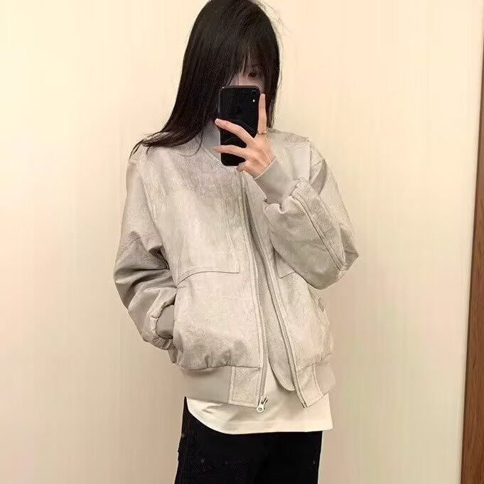 美式复古石灰短款棒球服外套男女春秋新款潮牌工装夹克图片