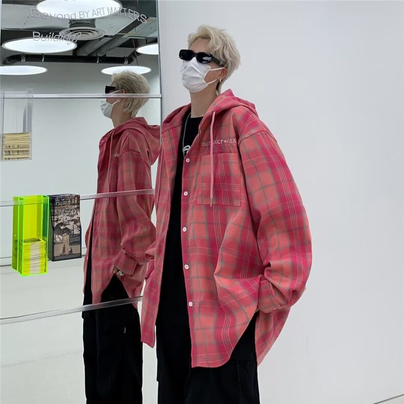 复古宽松玫红色格子开衫潮设计感小众连帽外套C4529P45,男装衬衫,星座1116-2