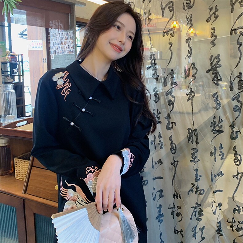 黑色新中式国风刺绣连衣裙女2025春季新款复古高级感小个子a字裙,女装连衣裙,2C029