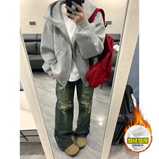 480G重磅加绒硬挺boxy男女秋冬美式高街防风高领卫衣开衫厚外套，女装短外套，电商A486