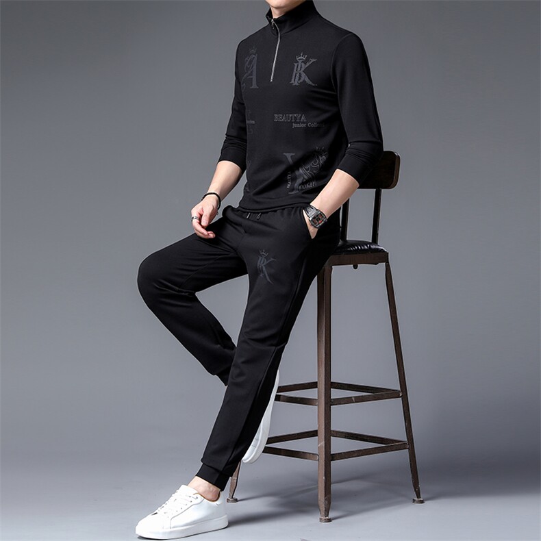2023春秋季套装中年人休闲两件套商务立领印花长袖卫衣男上衣服图片