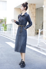 复古港味深色牛仔连衣裙女2024秋季新款气质高腰显瘦修身翻领长裙，女装套装/套裙，布芭啦