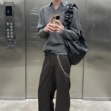 重磅北极绒假两件衬衫领毛衣美式高街复古休闲慵懒纯色翻领针织衫，男装针织衫/毛衣，电商A486