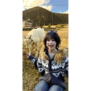 重磅北极绒座山雕大毛毛领毛衣外套冬美式复古休闲慵懒风针织开衫图片