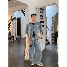 网络图现货！复古做旧垫肩西装领牛仔外套RJK8943-P65，男装工装外套，星座1005-6