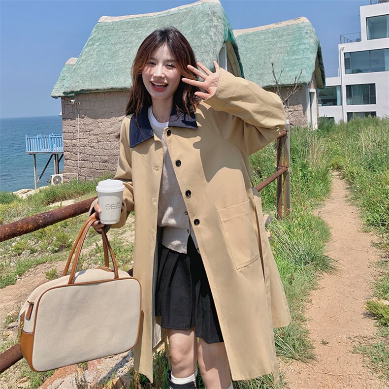 POLO领宽松型宽松风衣中长款纯色春秋英伦风短款百搭气质小个子,女装风衣,蝶眷