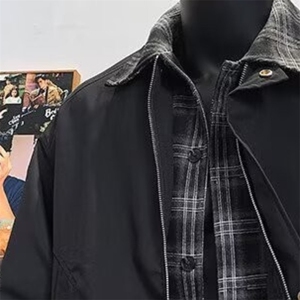 H01-P65 秋季美式复古美拉德拼接假两件夹克男宽松格子百搭外套图片