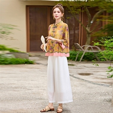 国风盘扣苎麻套装女2025夏季新款太洋气减龄休闲阔腿裤两件套，女装套装/套裙，魅影