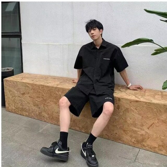W9790-P58网图现货日系少年感穿搭男生工装套装夏季衬衫短袖,男装T恤,星座1608-2