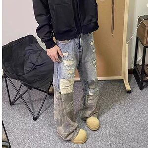 迷彩半拼接牛仔裤痞帅重工破洞做旧男女阔腿牛仔裤图片