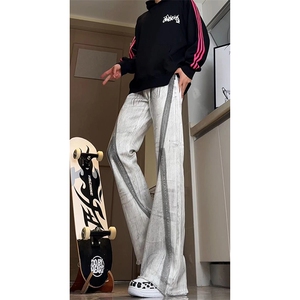 美式eodup高街hiphop小从涂鸦脏脏毛边喇叭牛仔裤货号K2409P65图片